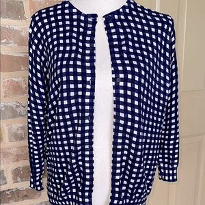 Navy/White Gingham Cotton Cardigan Houndstooth Plaid Button Front 3/4 Sleeve MED